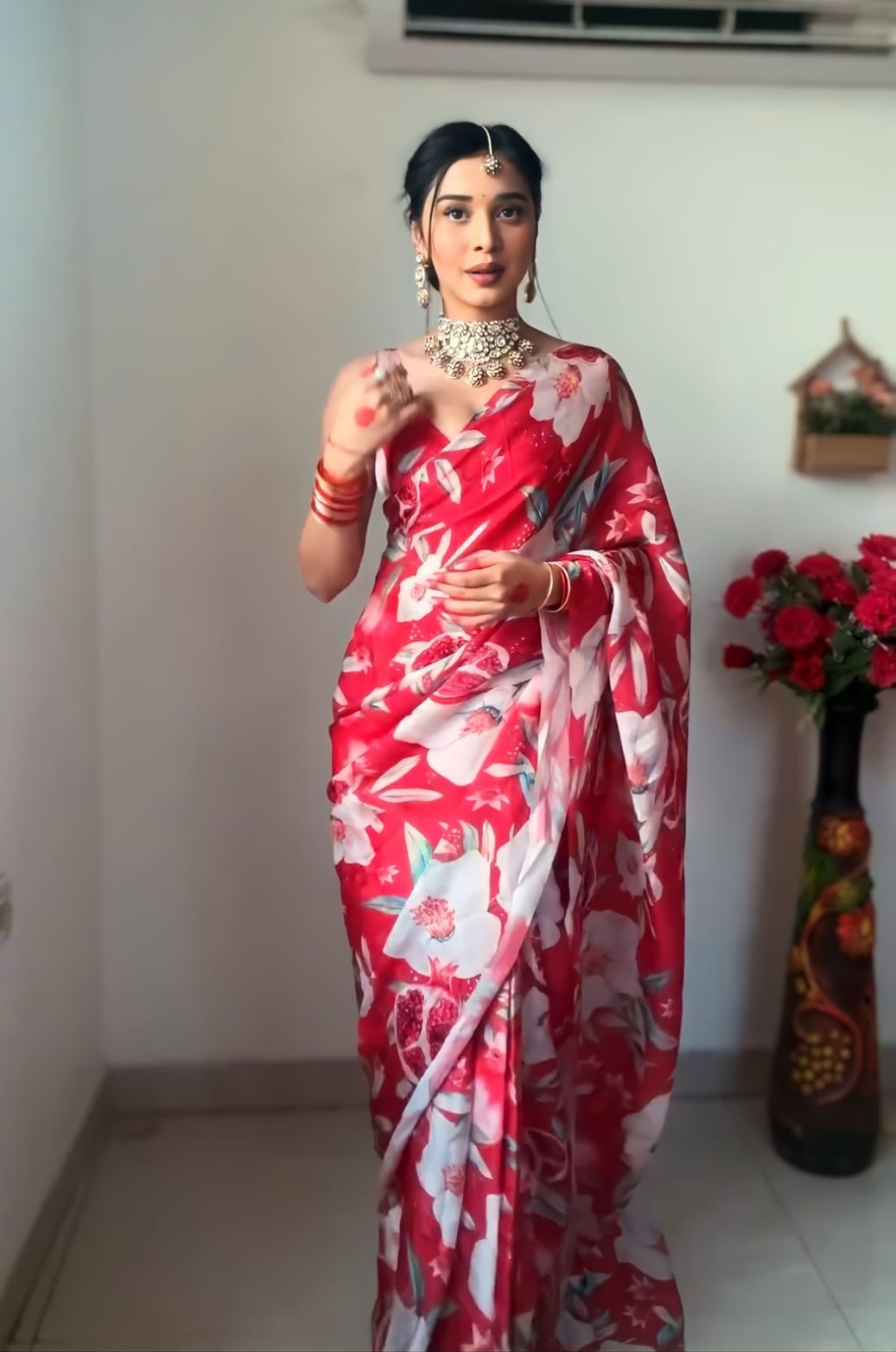 Adorning Red 1 Minute Ready To Wear Floral Digital Printed Georgette Saree With Blooming Blouse Piece