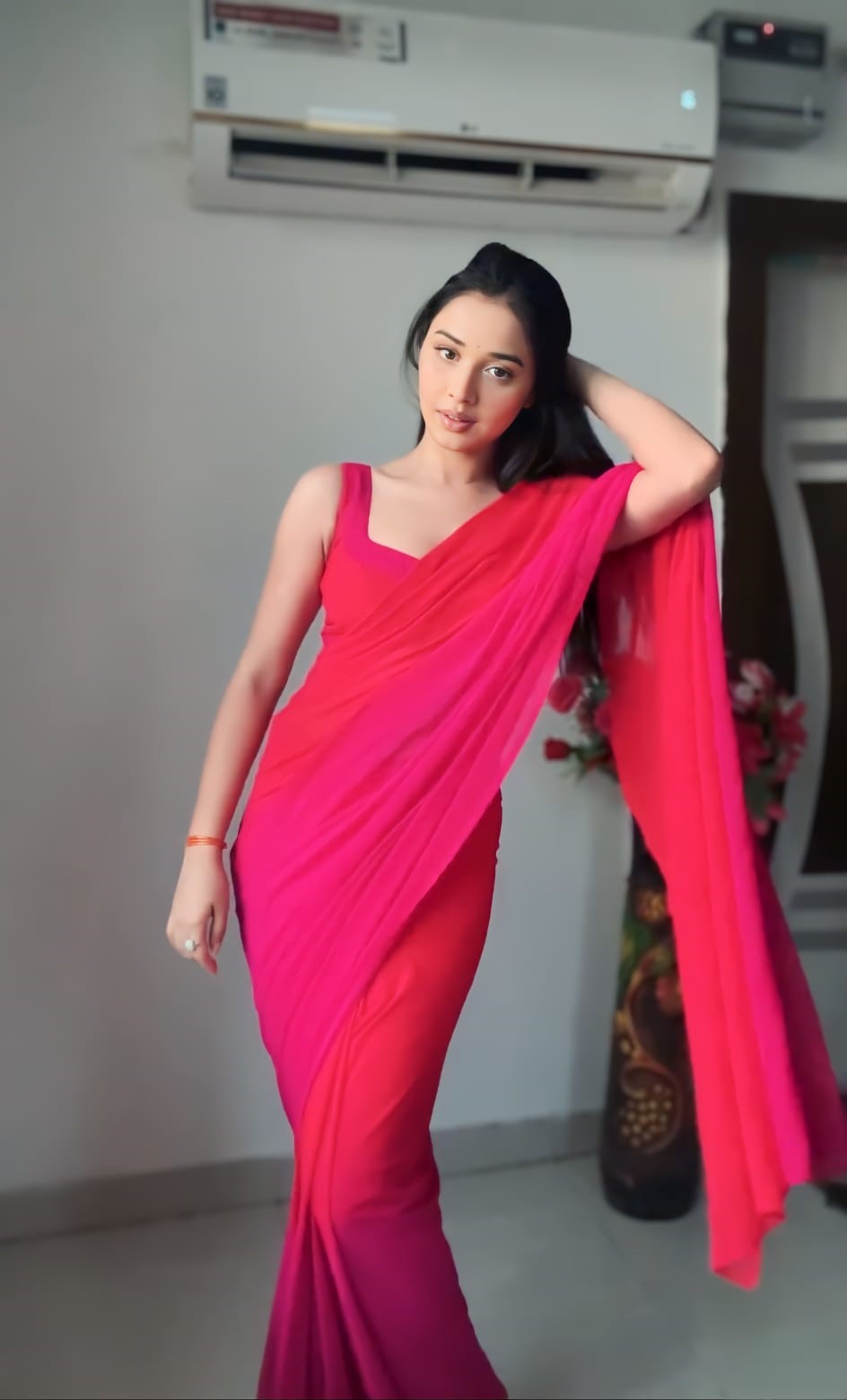 Demanding Pink & Red 1-Minute Ready To Wear Georgette Saree