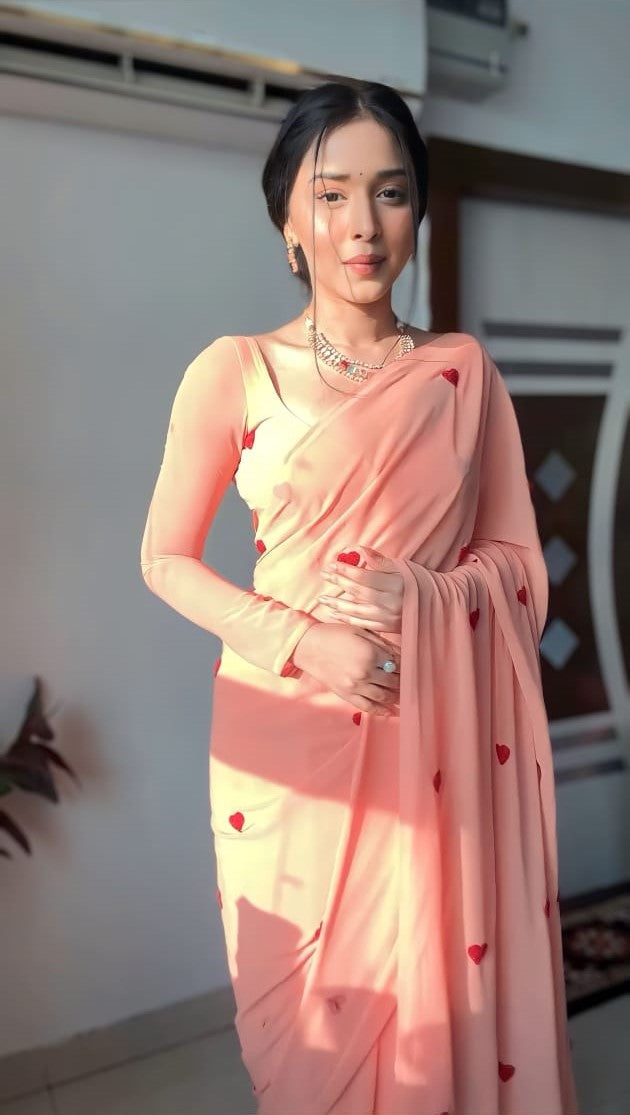 Artistic 1-Minute Ready To Wear Peach Georgette Saree