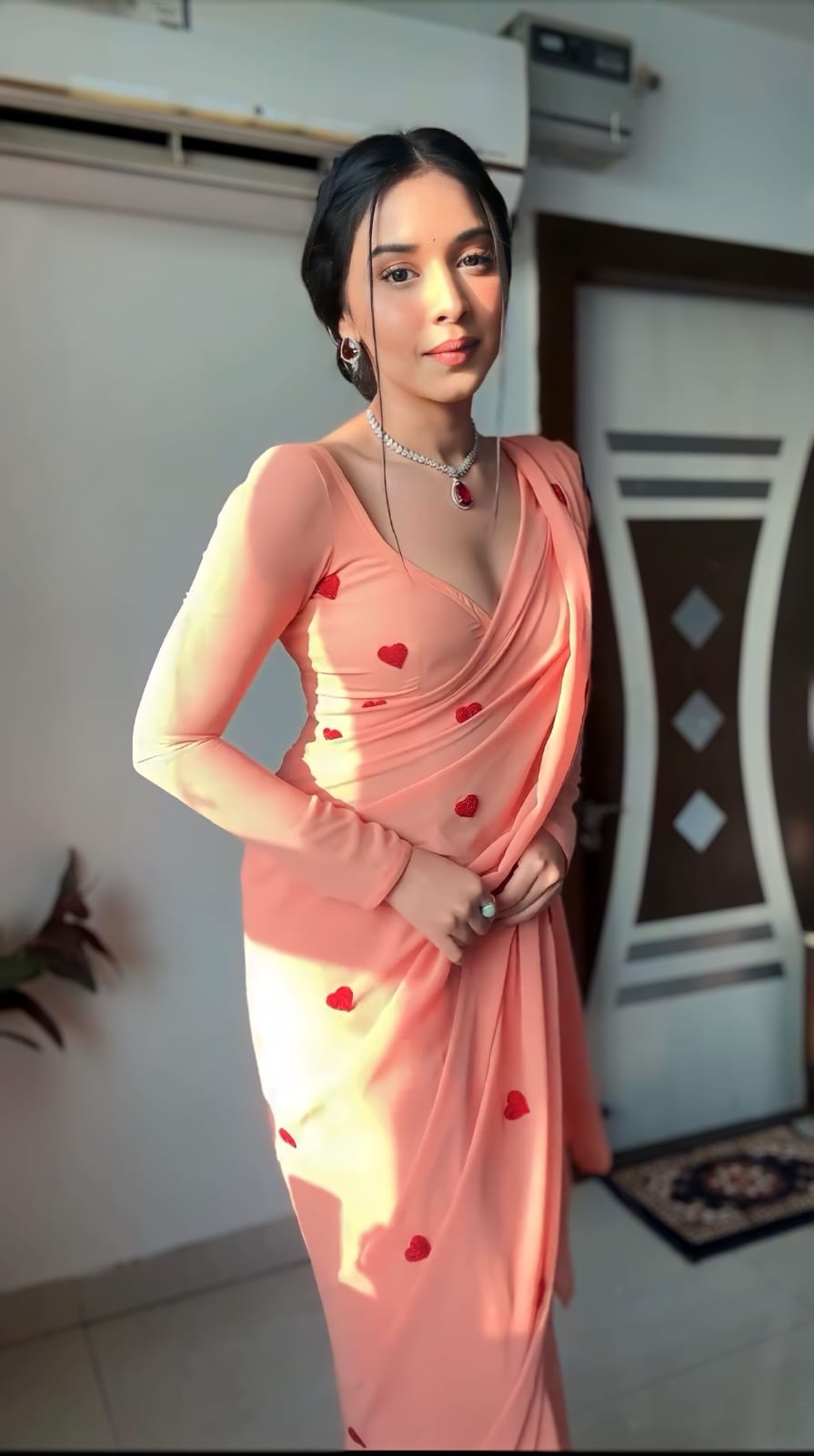 Artistic 1-Minute Ready To Wear Peach Georgette Saree