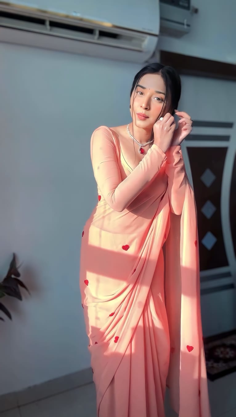 Artistic 1-Minute Ready To Wear Peach Georgette Saree