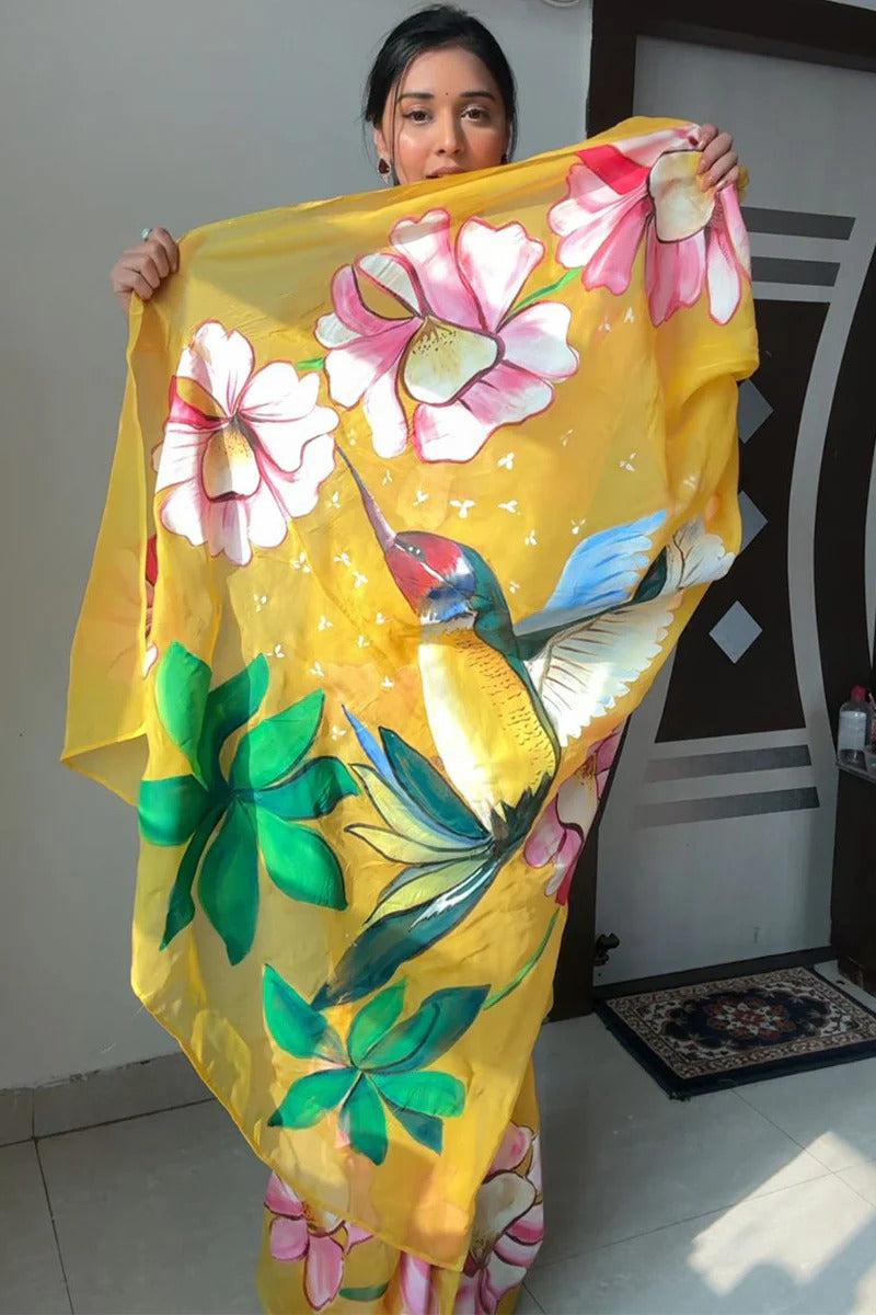 Artistic Yellow 1 Minute Ready To Wear Floral Digital Printed Georgette Saree With Blouse Piece