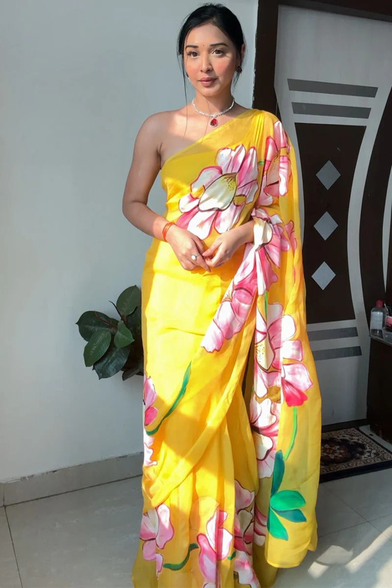 Artistic Yellow 1 Minute Ready To Wear Floral Digital Printed Georgette Saree With Blouse Piece