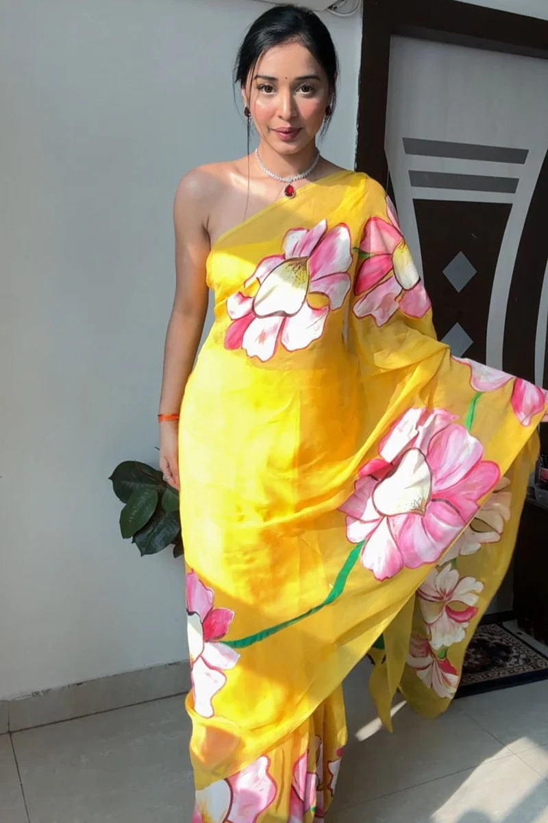 Artistic Yellow 1 Minute Ready To Wear Floral Digital Printed Georgette Saree With Blouse Piece