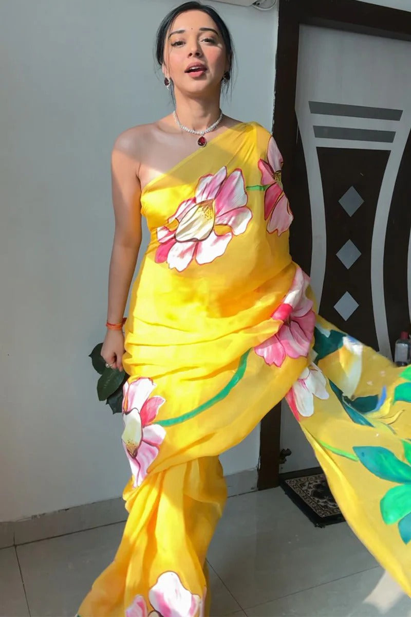 Artistic Yellow 1 Minute Ready To Wear Floral Digital Printed Georgette Saree With Blouse Piece