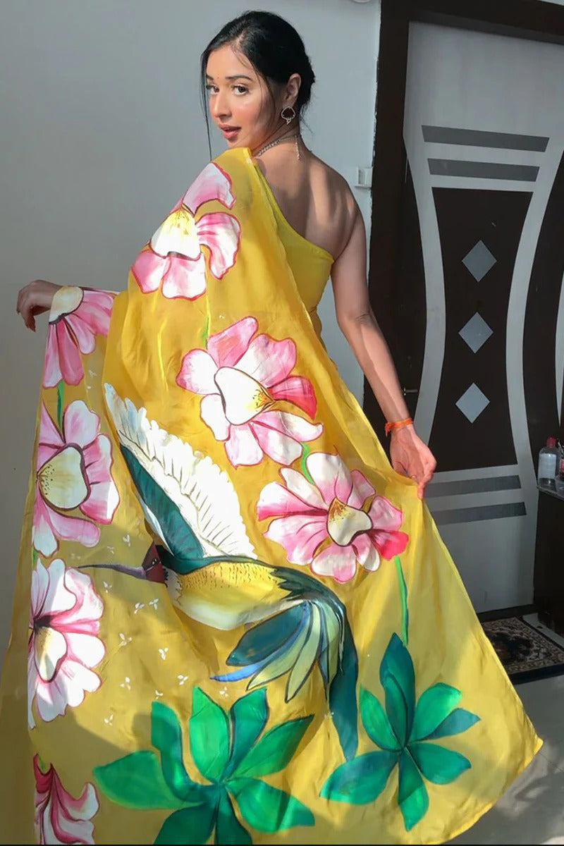 Artistic Yellow 1 Minute Ready To Wear Floral Digital Printed Georgette Saree With Blouse Piece