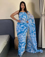 Sizzling 1 Minute Ready To Wear Blue Floral Digital Printed Georgette Saree with Blouse Piece