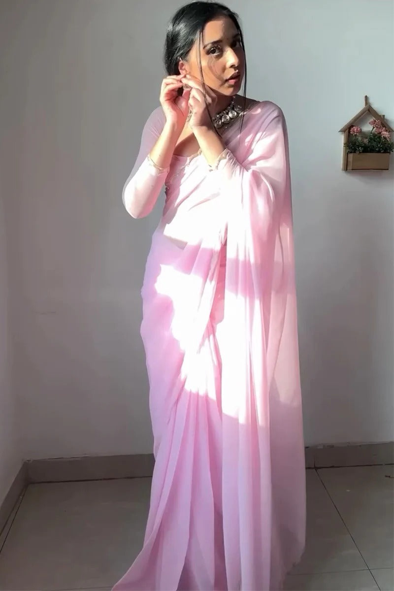 Beauteous 1-Minute Ready To Wear Baby Pink Georgette Saree