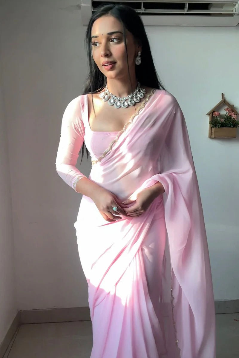 Beauteous 1-Minute Ready To Wear Baby Pink Georgette Saree