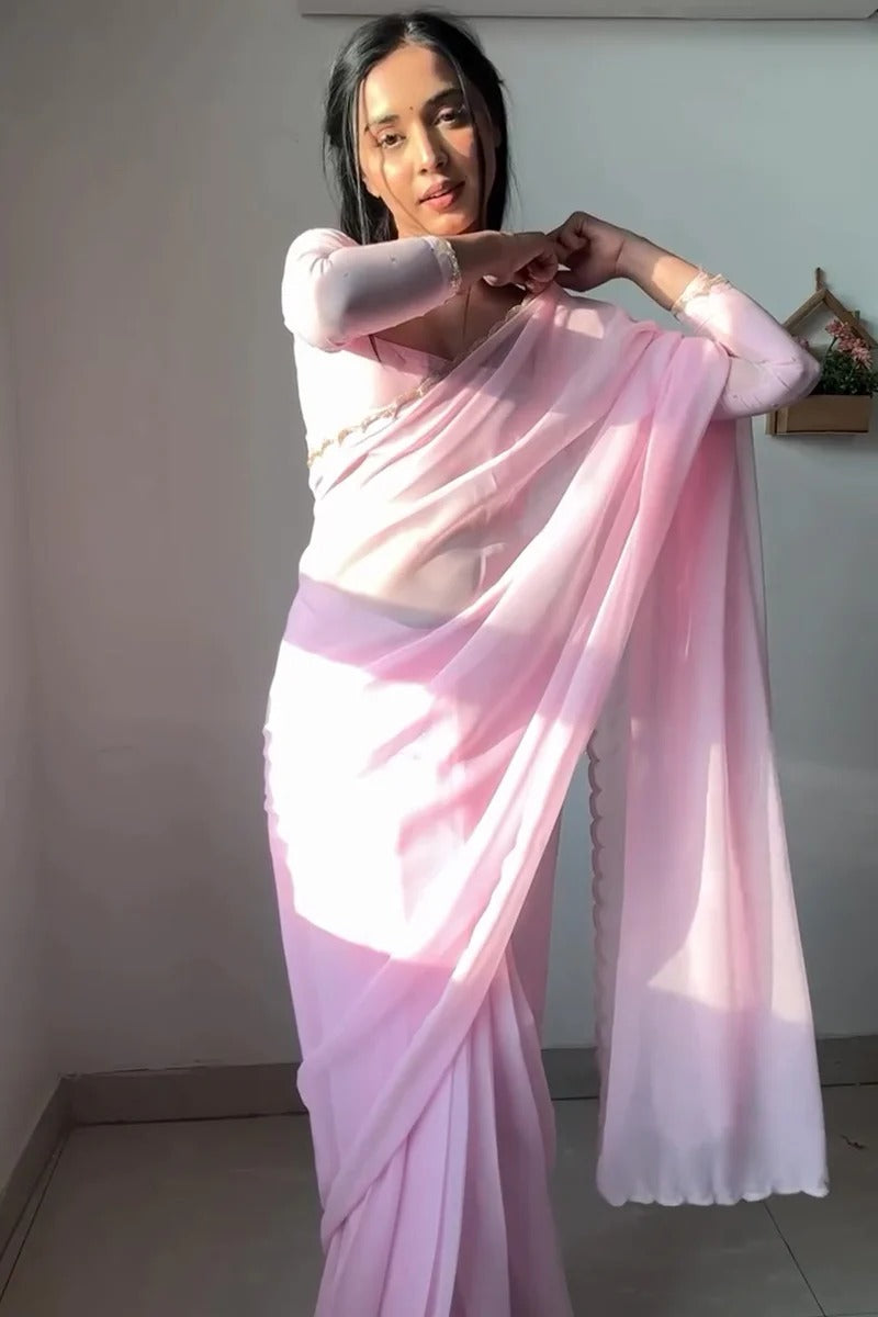 Beauteous 1-Minute Ready To Wear Baby Pink Georgette Saree