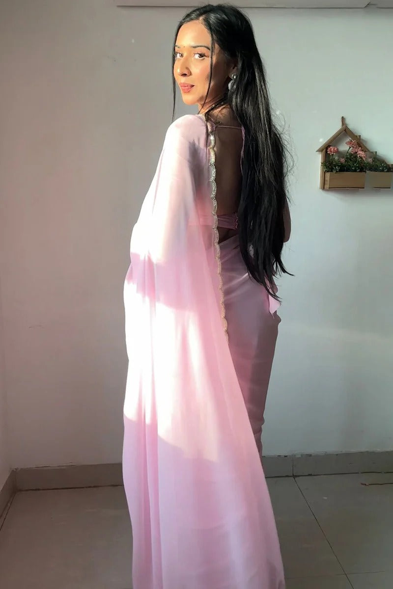 Beauteous 1-Minute Ready To Wear Baby Pink Georgette Saree