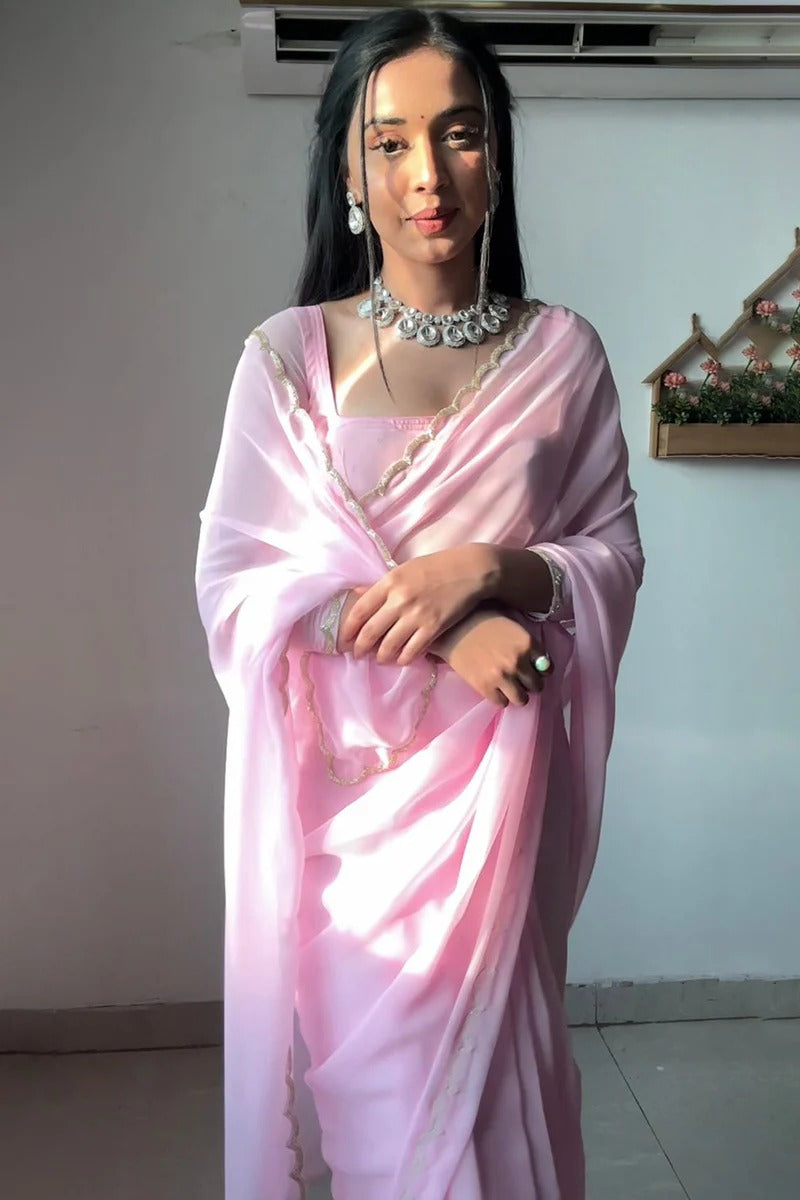 Beauteous 1-Minute Ready To Wear Baby Pink Georgette Saree