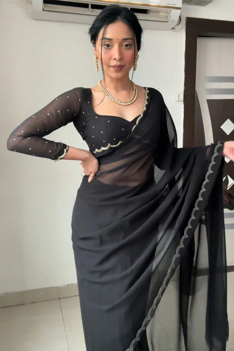 Capricious 1-Minute Ready To Wear Black Georgette Saree