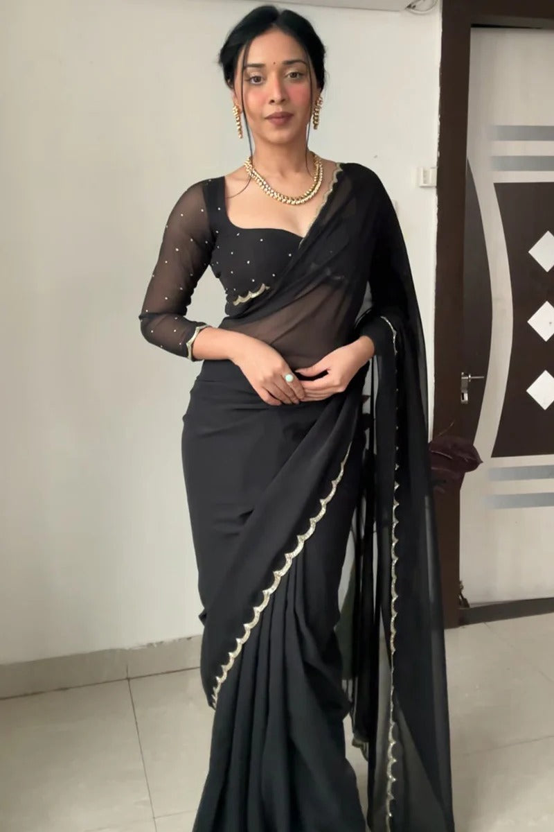 Capricious 1-Minute Ready To Wear Black Georgette Saree