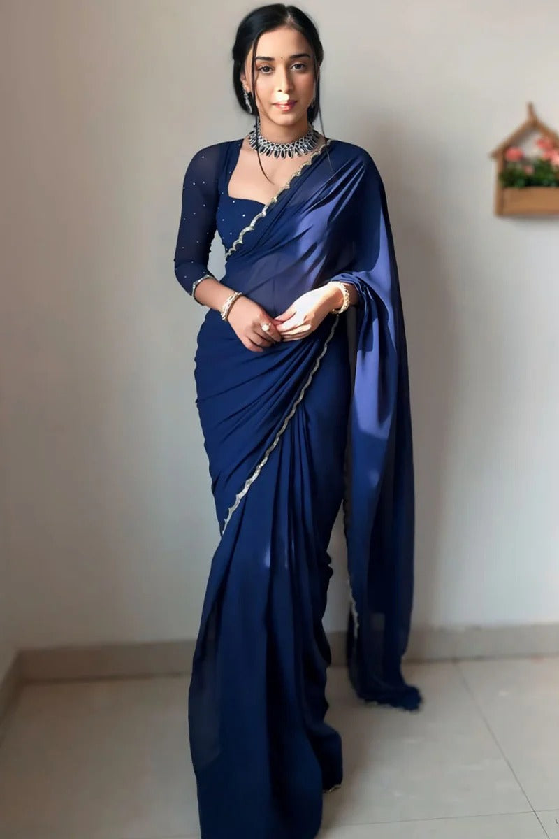 Dalliance 1-Minute Ready To Wear Navy Blue Georgette Saree