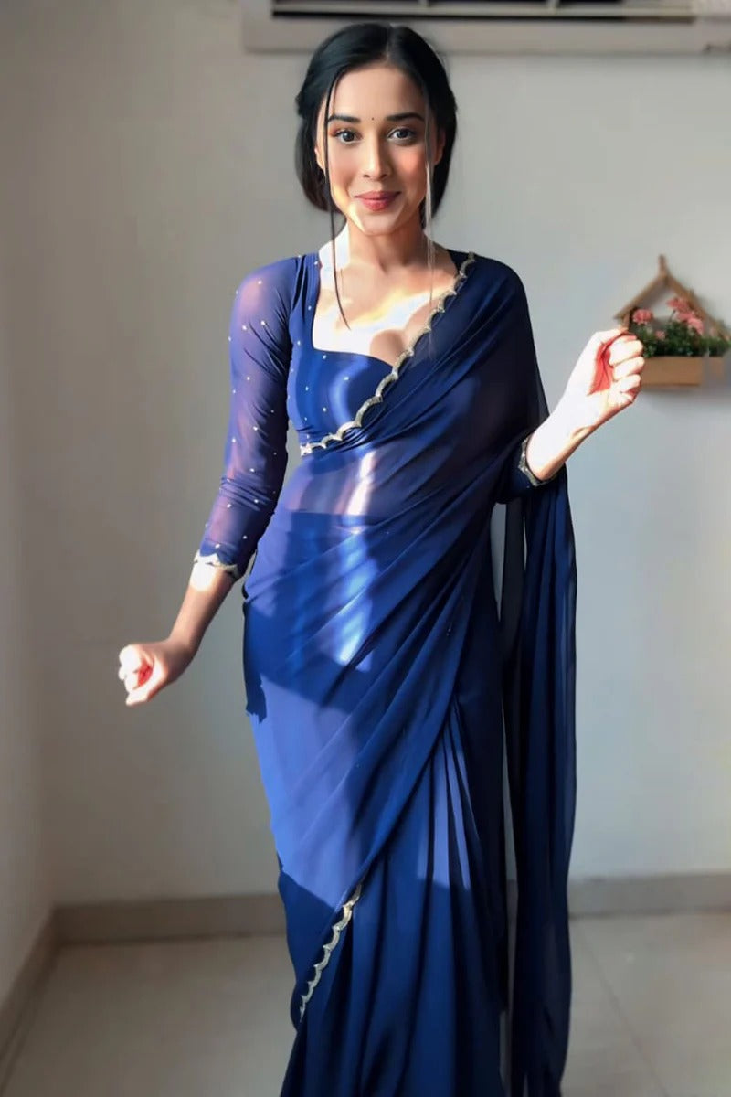 Dalliance 1-Minute Ready To Wear Navy Blue Georgette Saree