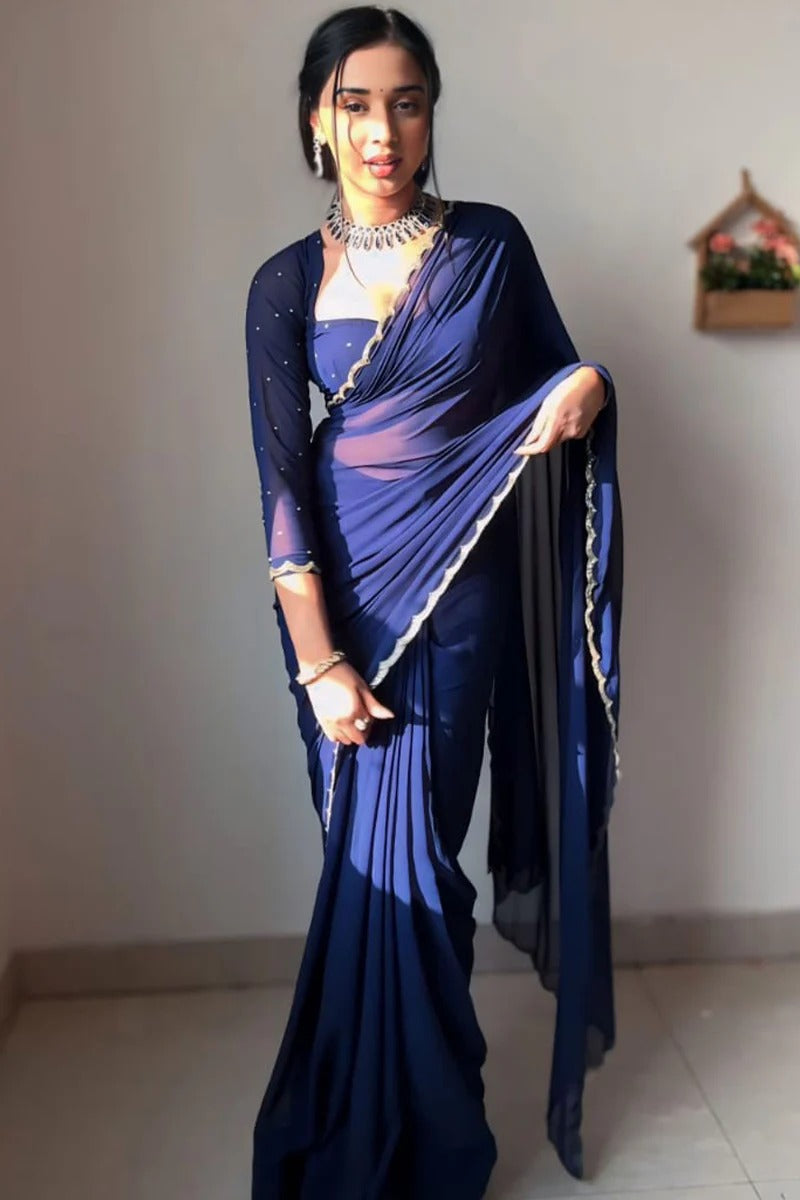 Dalliance 1-Minute Ready To Wear Navy Blue Georgette Saree