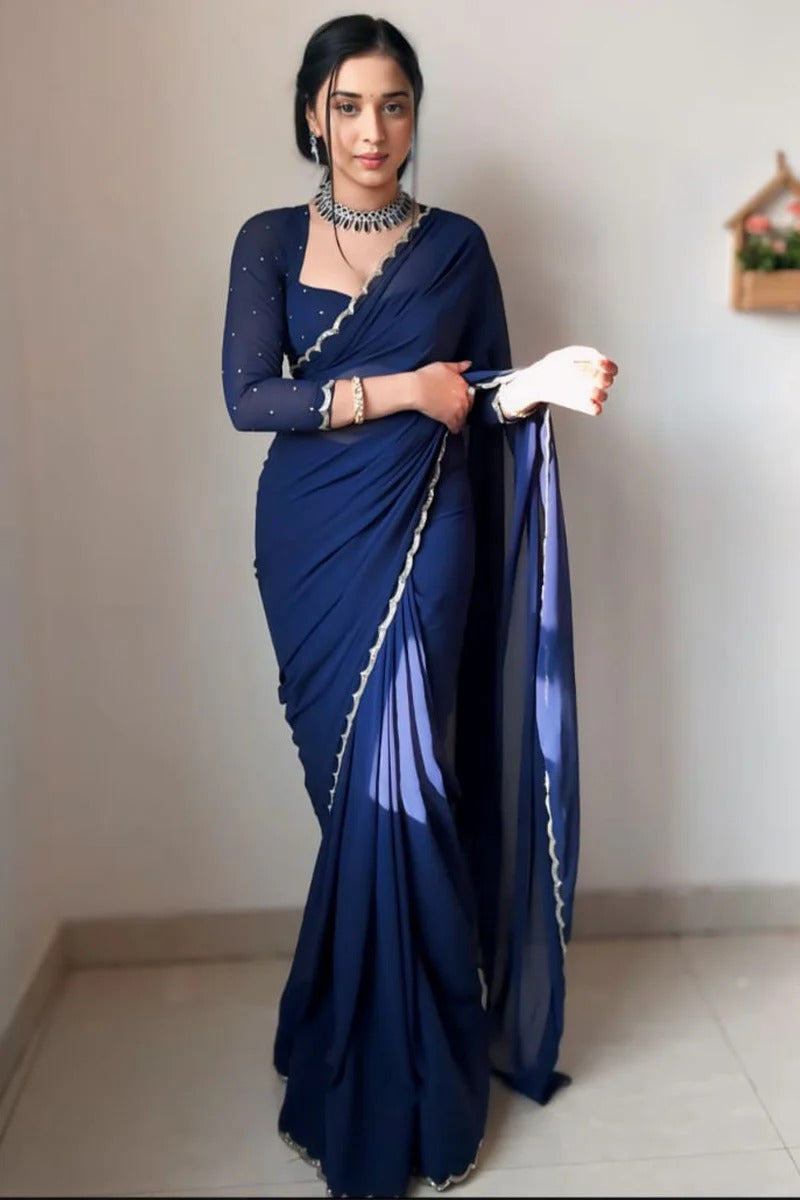 Dalliance 1-Minute Ready To Wear Navy Blue Georgette Saree