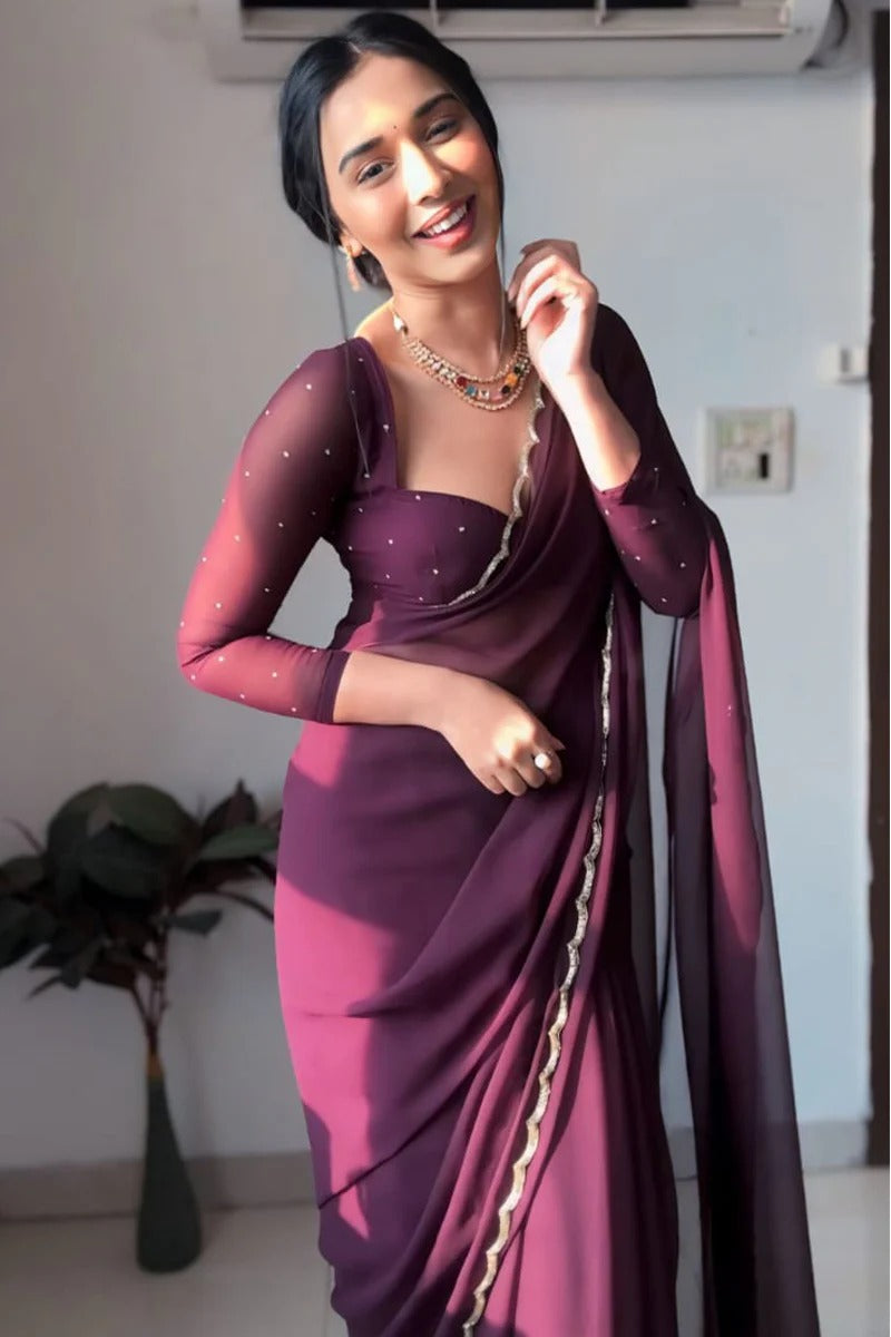 Dalliance 1-Minute Ready To Wear Purple Georgette Saree