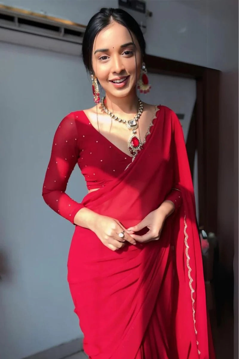 Fairytale 1-Minute Ready To Wear Red Georgette Saree