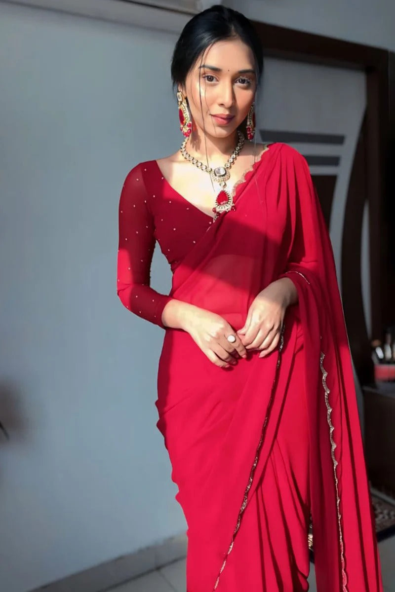 Fairytale 1-Minute Ready To Wear Red Georgette Saree