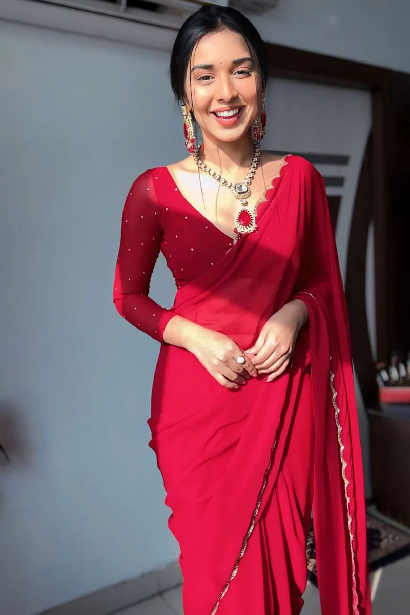 Fairytale 1-Minute Ready To Wear Red Georgette Saree