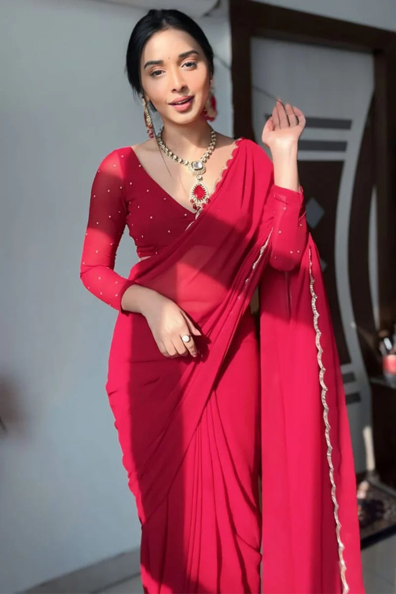 Fairytale 1-Minute Ready To Wear Red Georgette Saree