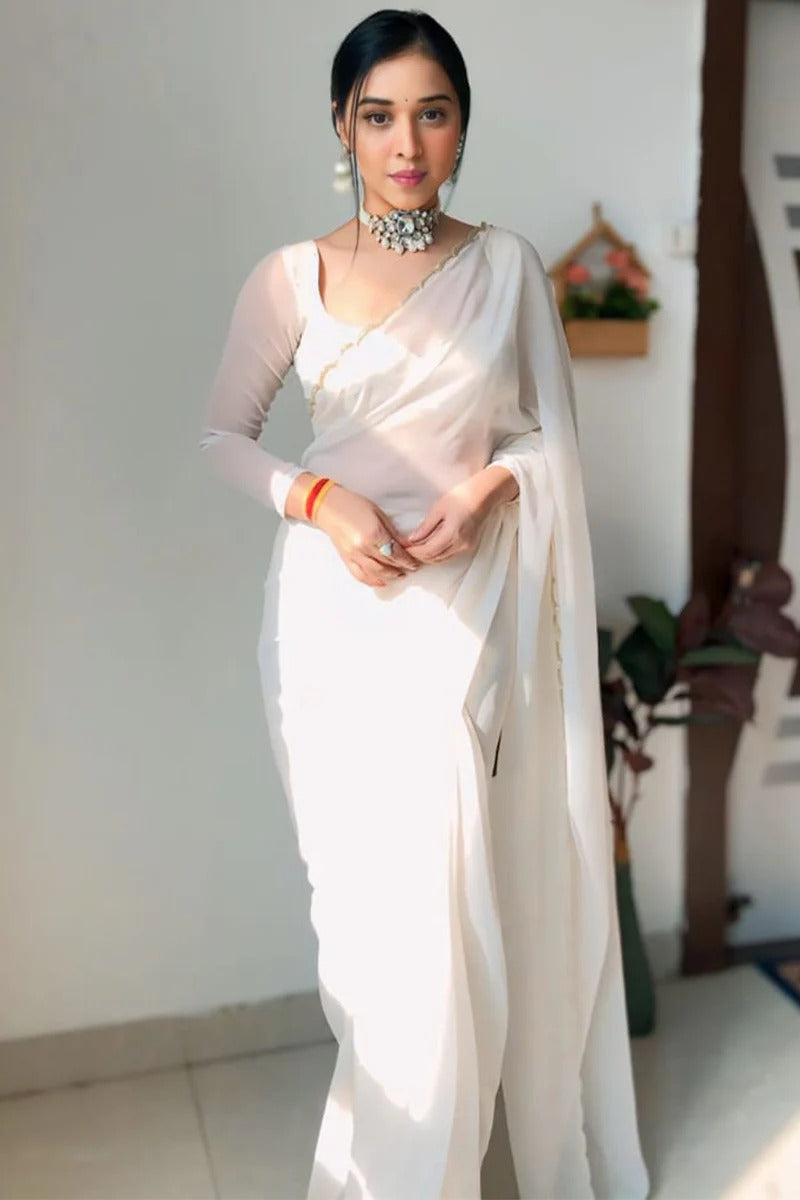 Girlish 1-Minute Ready To Wear White Georgette Saree