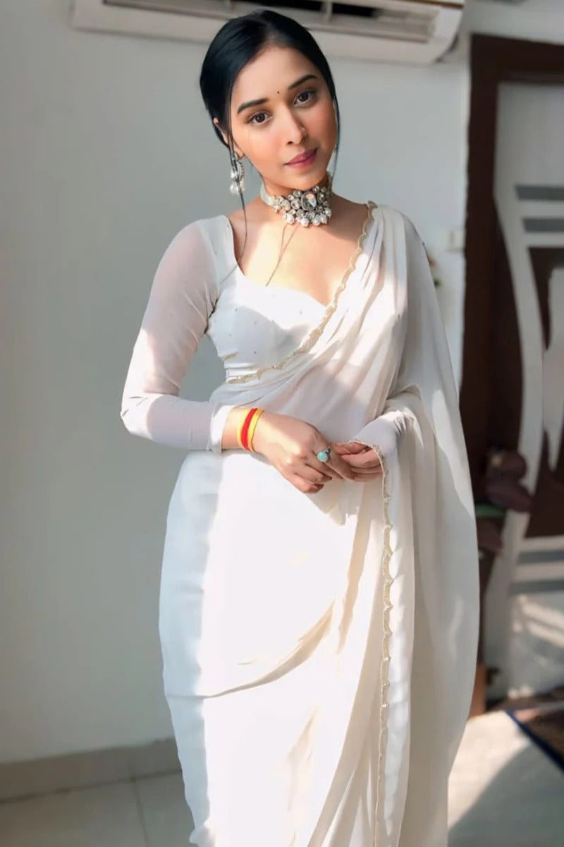 Girlish 1-Minute Ready To Wear White Georgette Saree