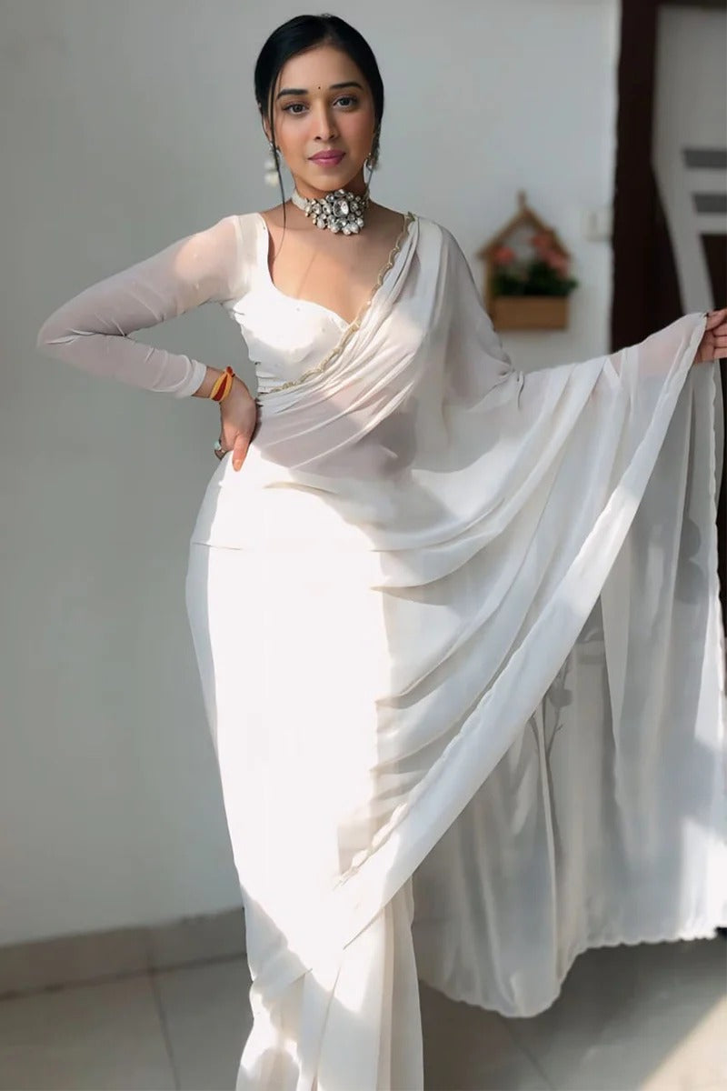 Girlish 1-Minute Ready To Wear White Georgette Saree