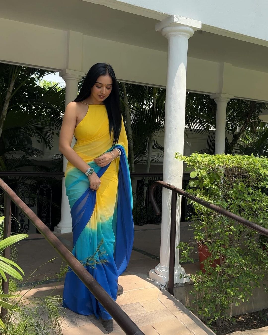 Epiphany 1-Minute Ready To Wear Yellow And Blue Georgette Saree