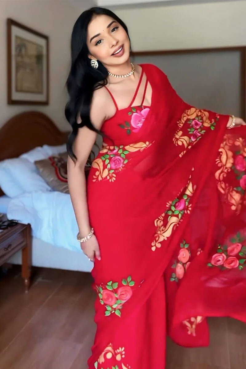 Stunning 1 Minute Ready To Wear Red Floral Digital Printed Georgette Saree