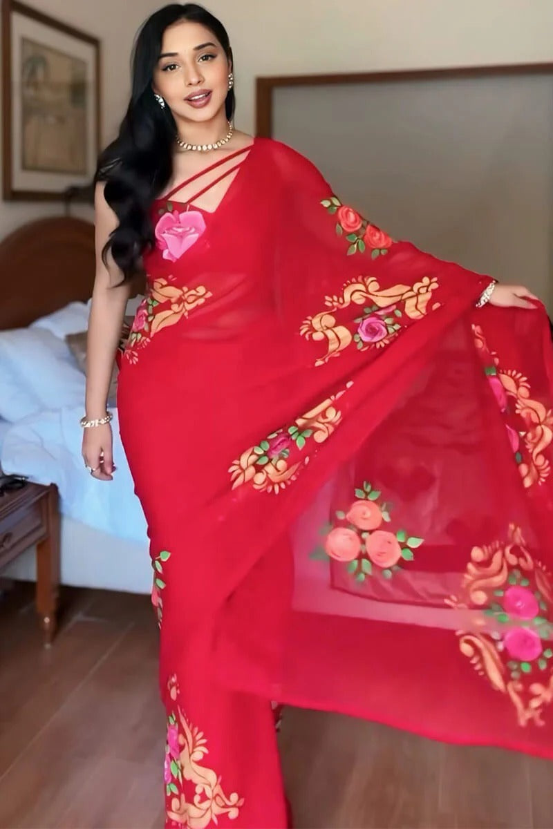 Stunning 1 Minute Ready To Wear Red Floral Digital Printed Georgette Saree