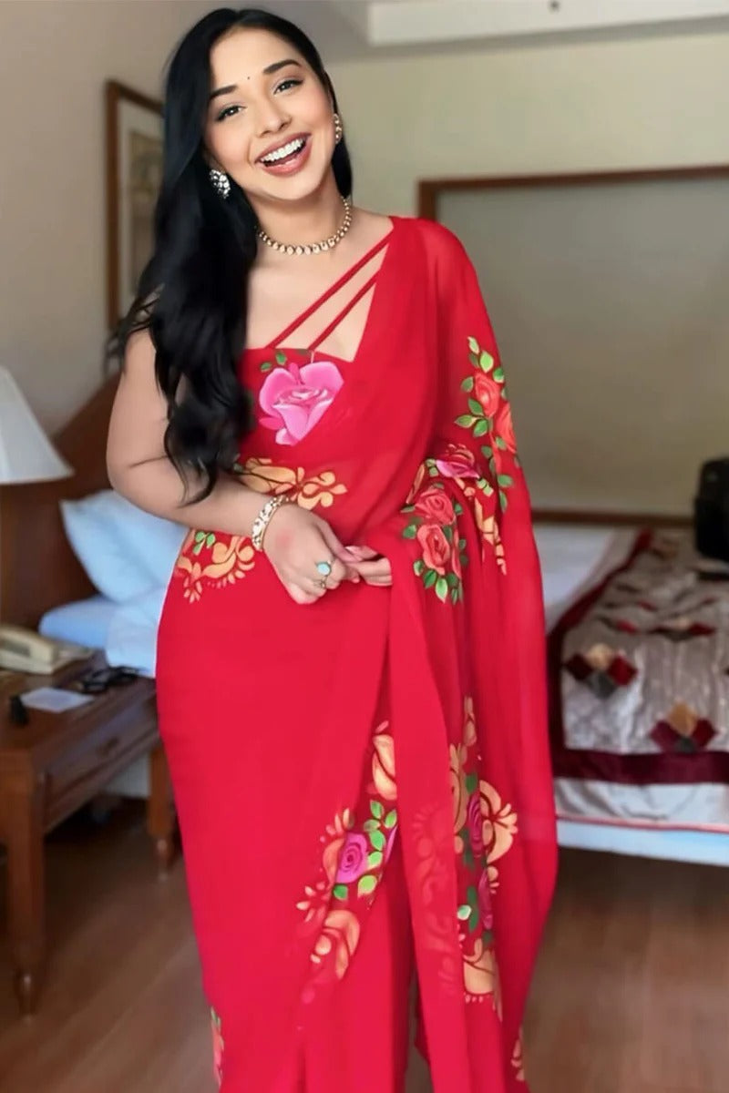 Stunning 1 Minute Ready To Wear Red Floral Digital Printed Georgette Saree