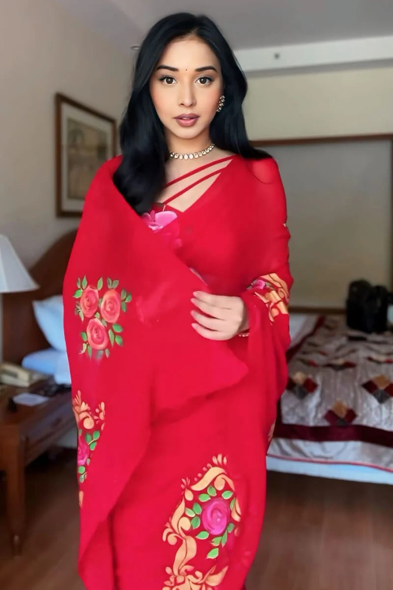 Stunning 1 Minute Ready To Wear Red Floral Digital Printed Georgette Saree