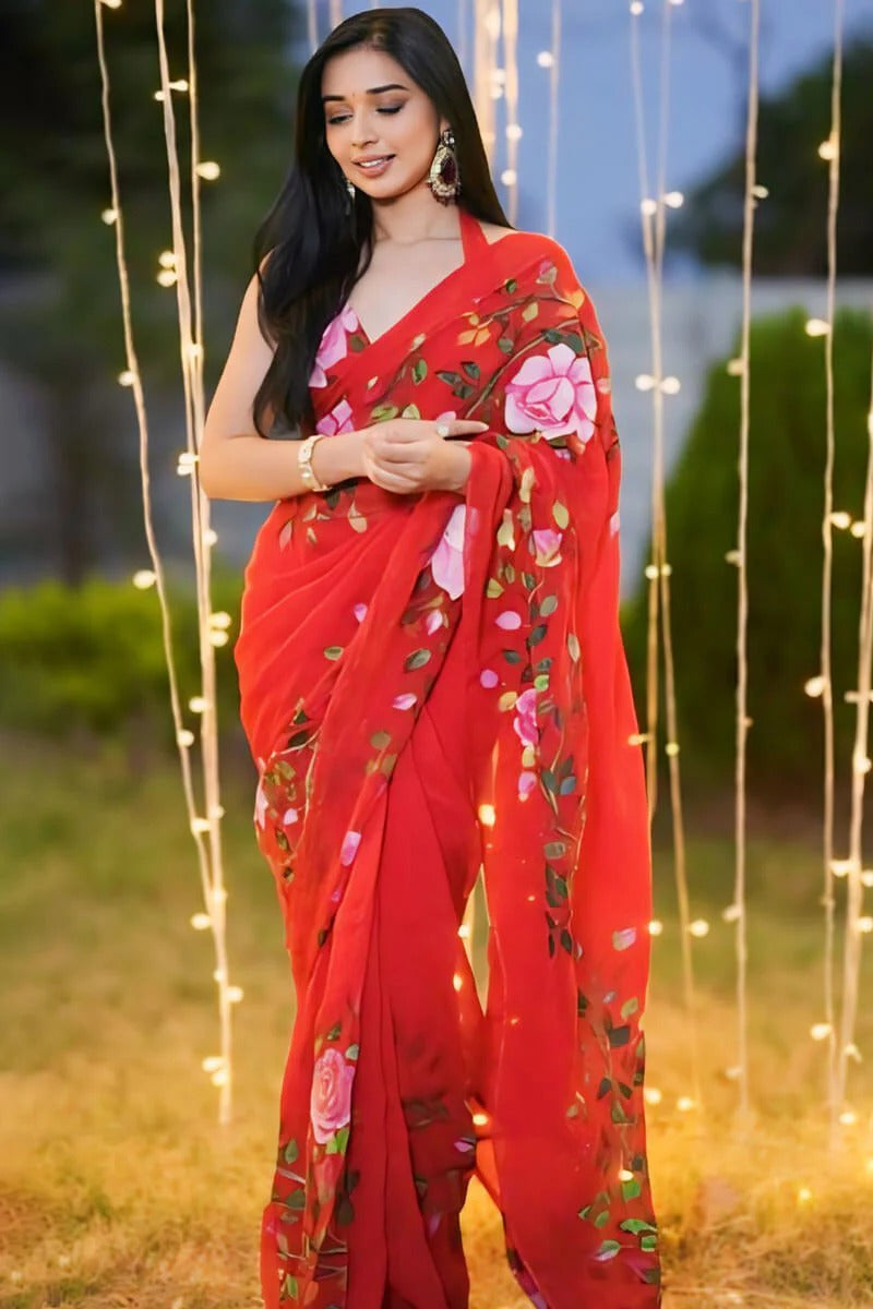 Dissemble 1 Minute Ready To Wear Red Floral Digital Printed Georgette Saree