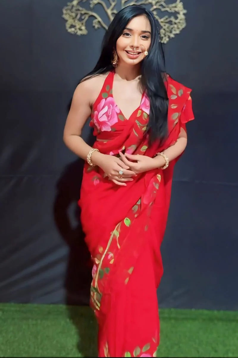 Dissemble 1 Minute Ready To Wear Red Floral Digital Printed Georgette Saree