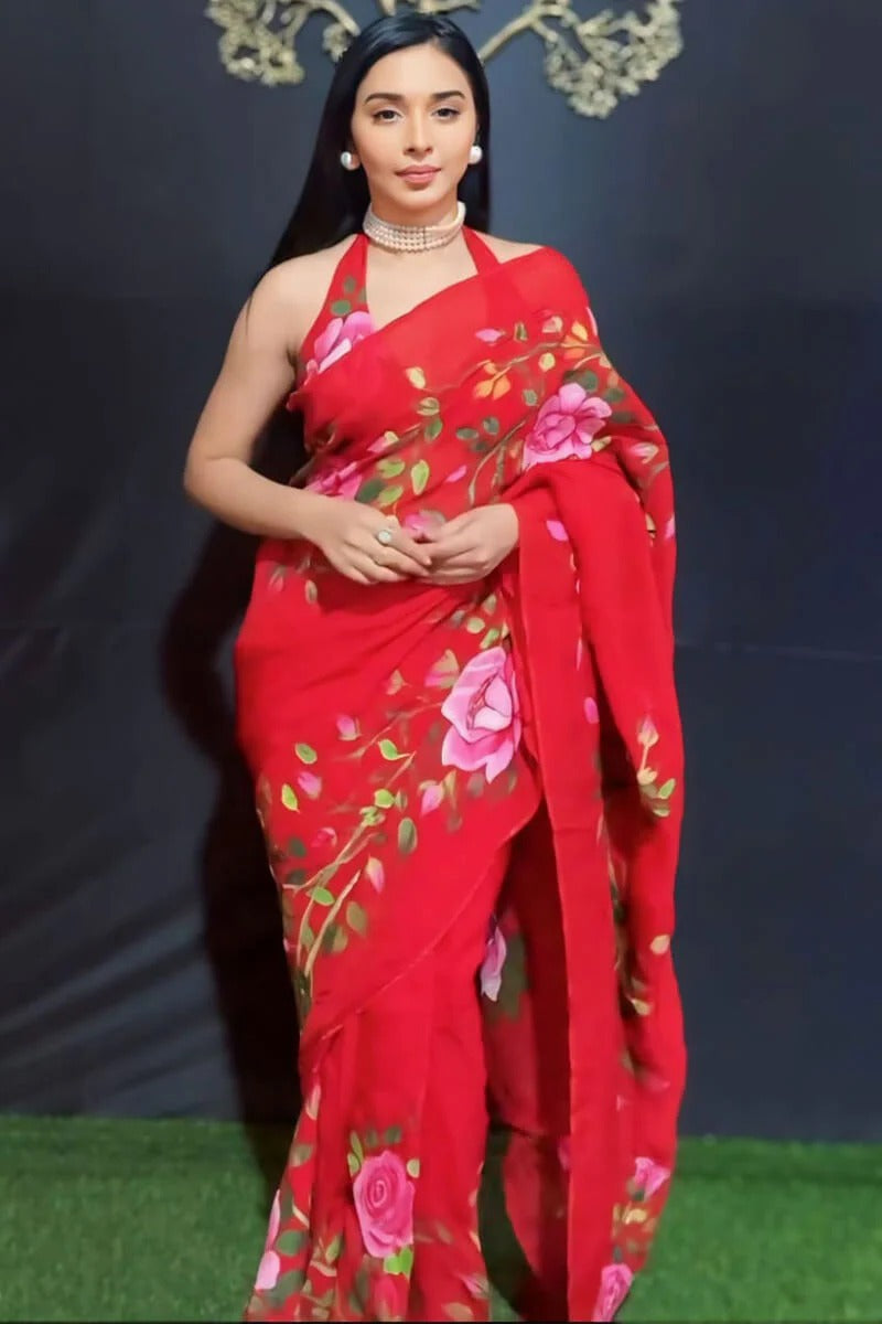 Dissemble 1 Minute Ready To Wear Red Floral Digital Printed Georgette Saree