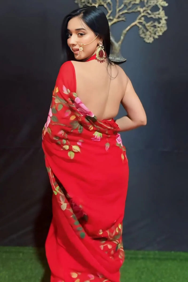 Dissemble 1 Minute Ready To Wear Red Floral Digital Printed Georgette Saree