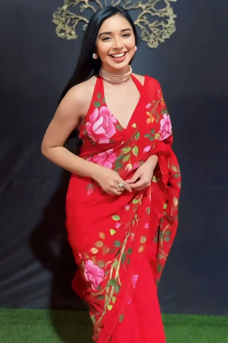 Dissemble 1 Minute Ready To Wear Red Floral Digital Printed Georgette Saree