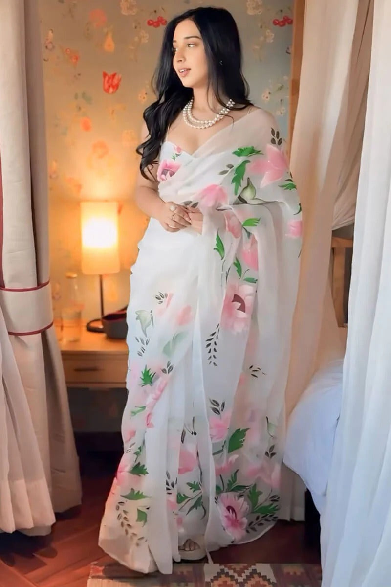 Sophisticated 1-Minute Ready To Wear Off White Organza Silk Saree