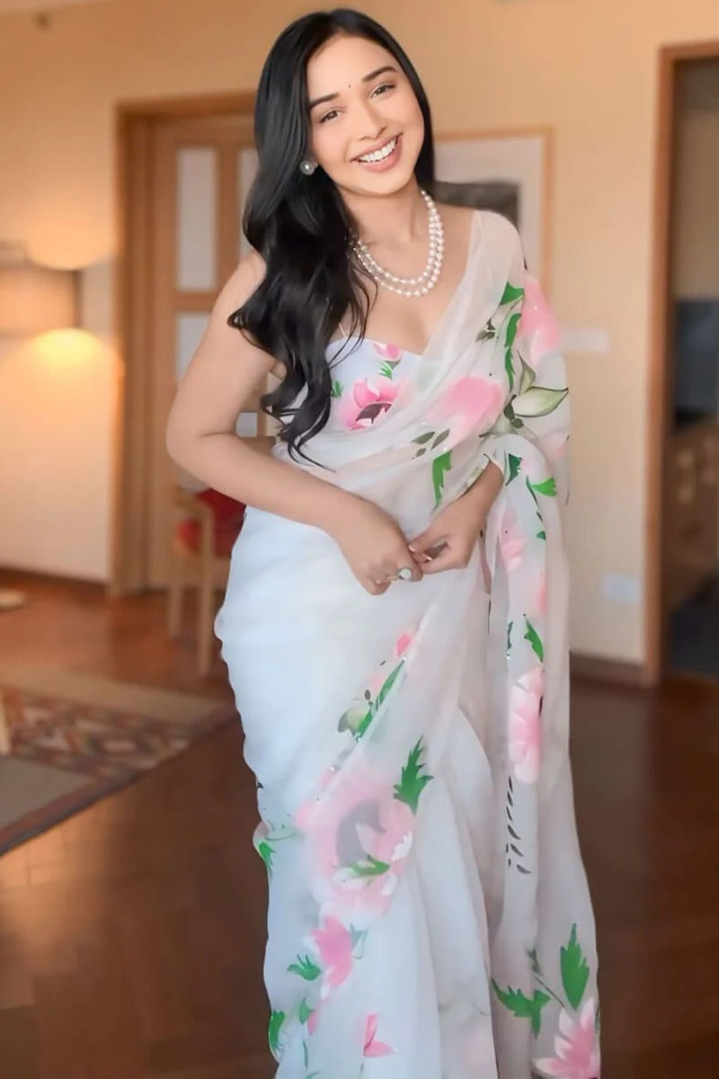 Sophisticated 1-Minute Ready To Wear Off White Organza Silk Saree