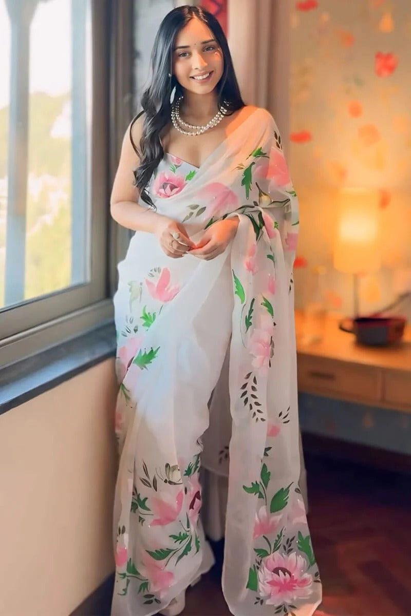 Sophisticated 1-Minute Ready To Wear Off White Organza Silk Saree