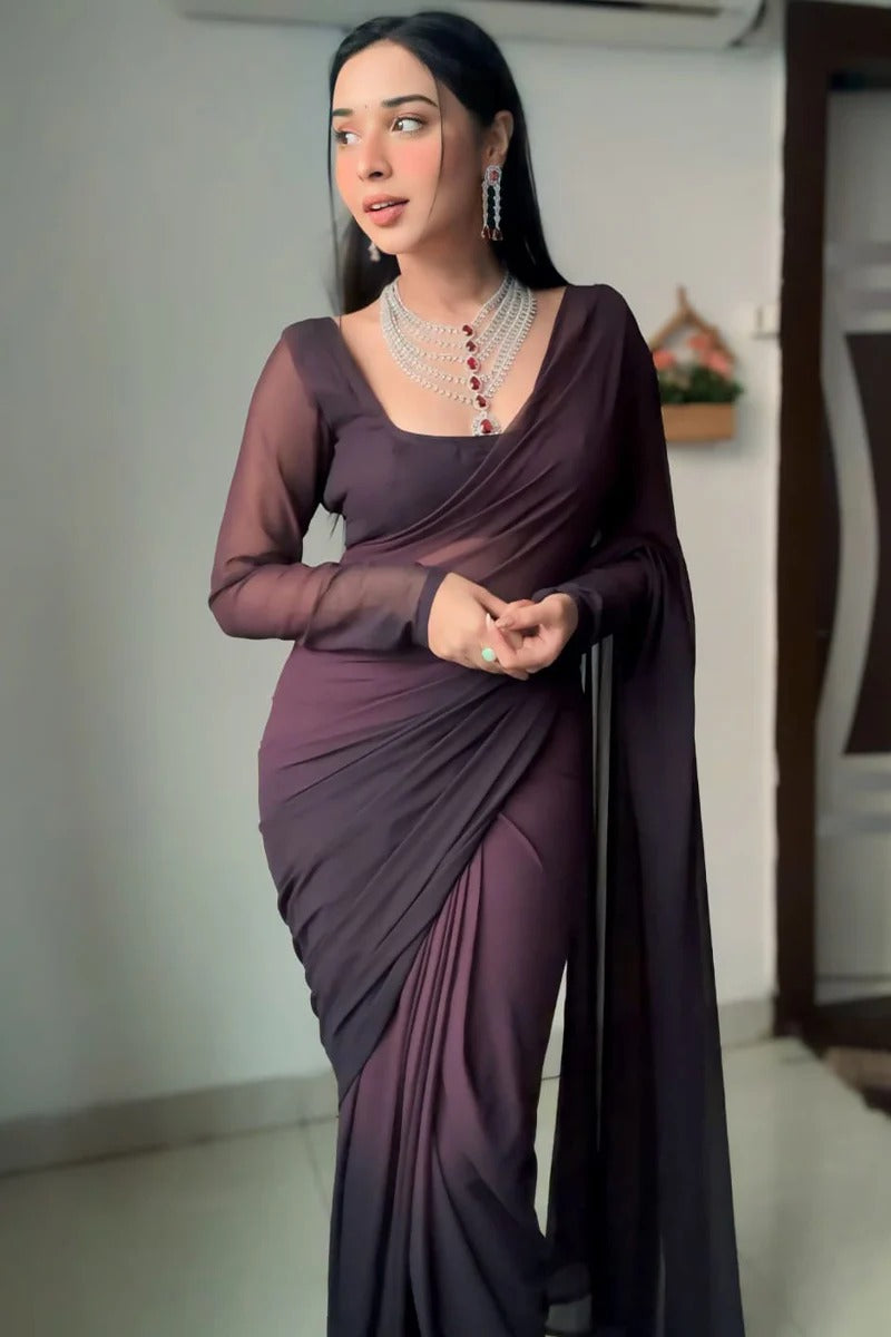 Attractive 1-Minute Ready To Wear Brown Georgette Saree