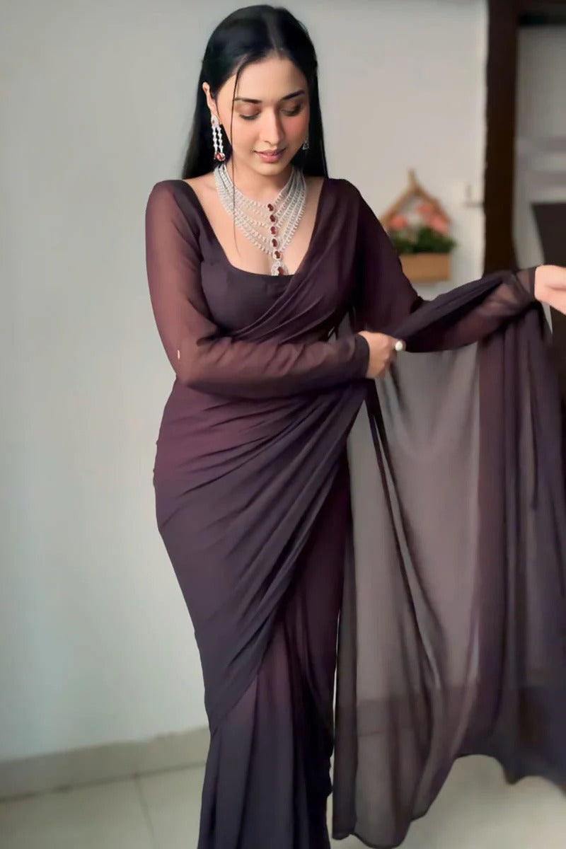 Attractive 1-Minute Ready To Wear Brown Georgette Saree