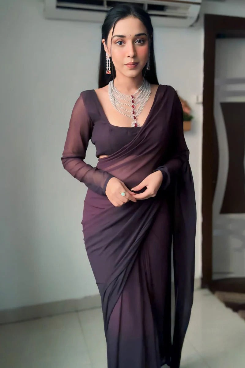 Attractive 1-Minute Ready To Wear Brown Georgette Saree