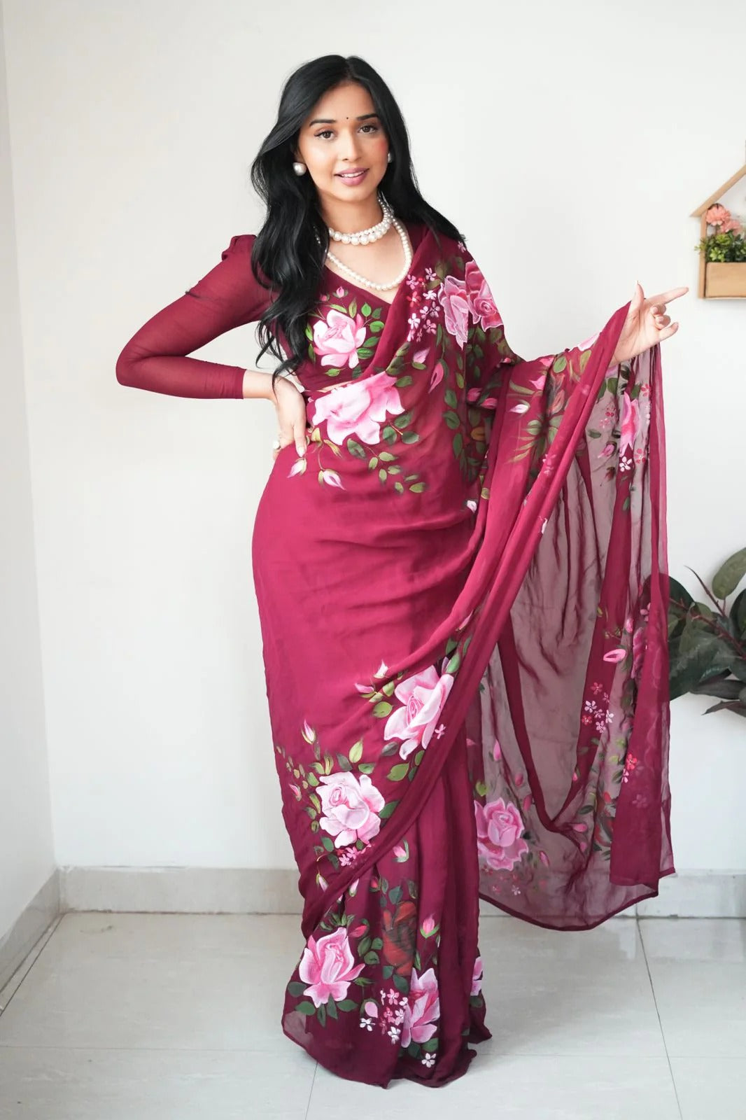 Desuetude 1 Minute Ready To Wear Maroon Floral Digital Printed Georgette Saree