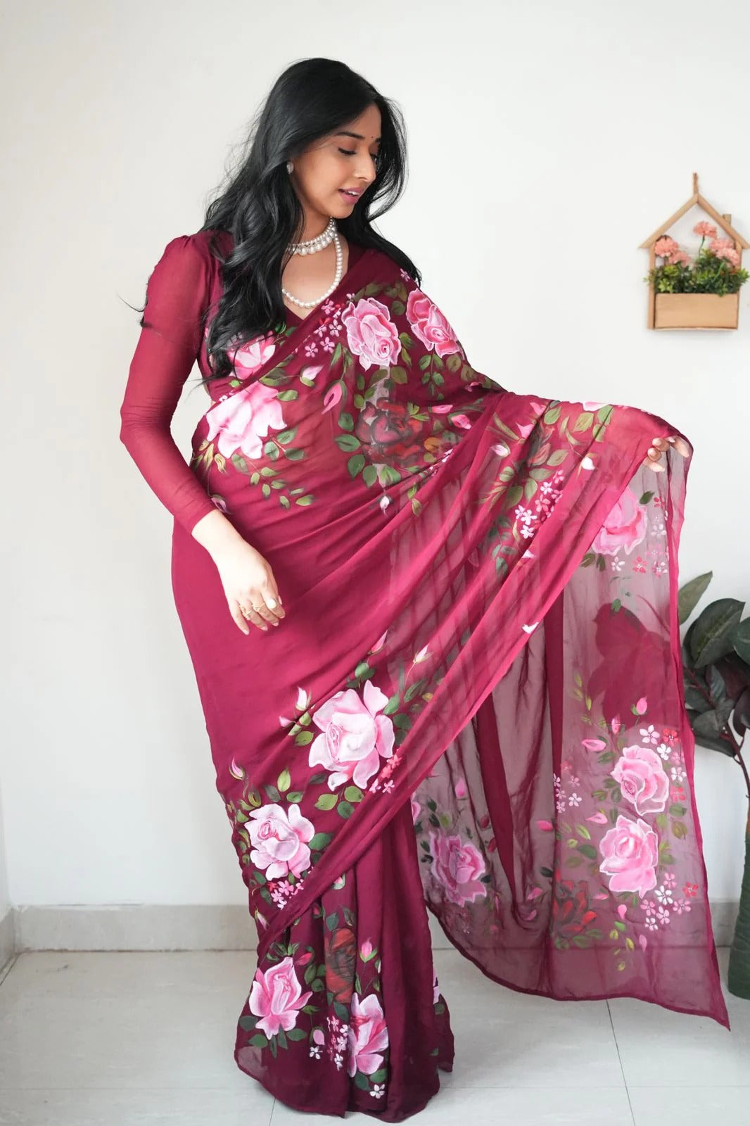 Desuetude 1 Minute Ready To Wear Maroon Floral Digital Printed Georgette Saree