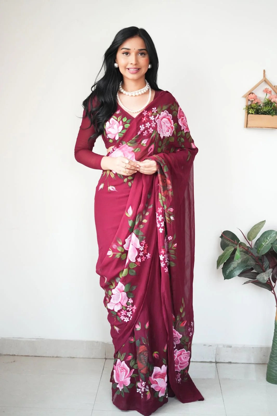 Desuetude 1 Minute Ready To Wear Maroon Floral Digital Printed Georgette Saree