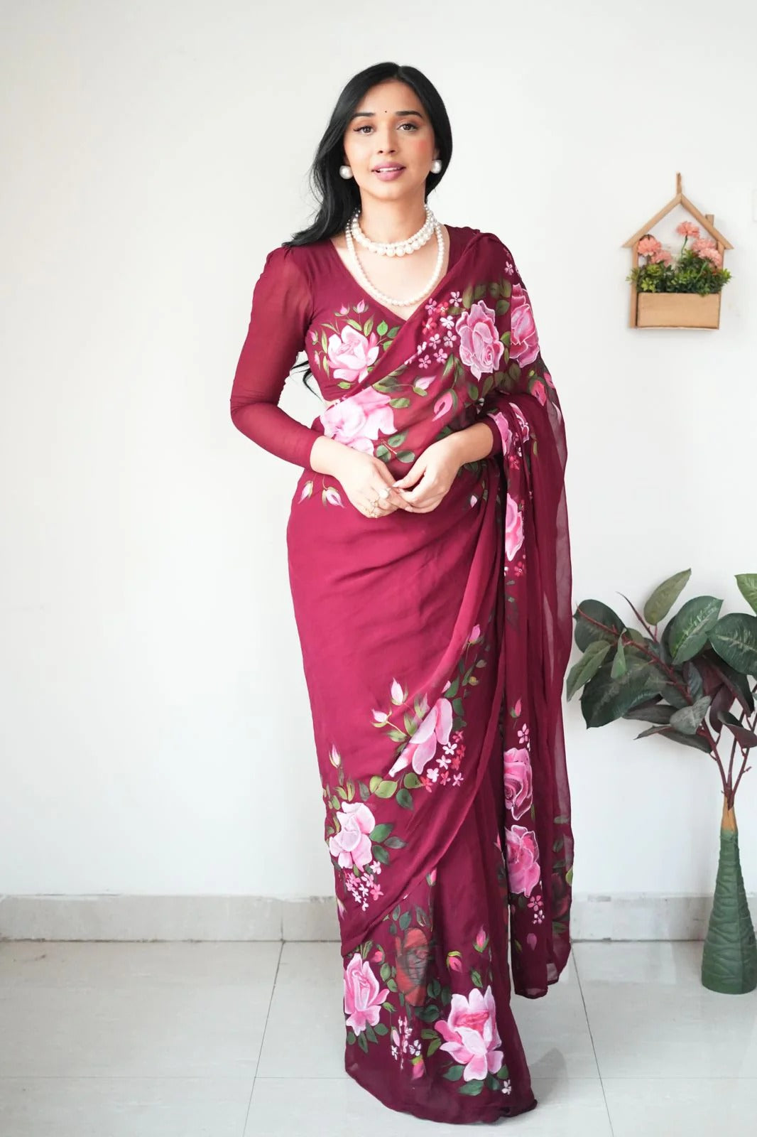 Desuetude 1 Minute Ready To Wear Maroon Floral Digital Printed Georgette Saree